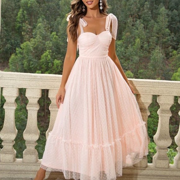 . Dresses & Skirts - Baby Pink Casual Womens Tie Shoulder Ruched Bust Ruffle Hem Mesh Overlay Cami…